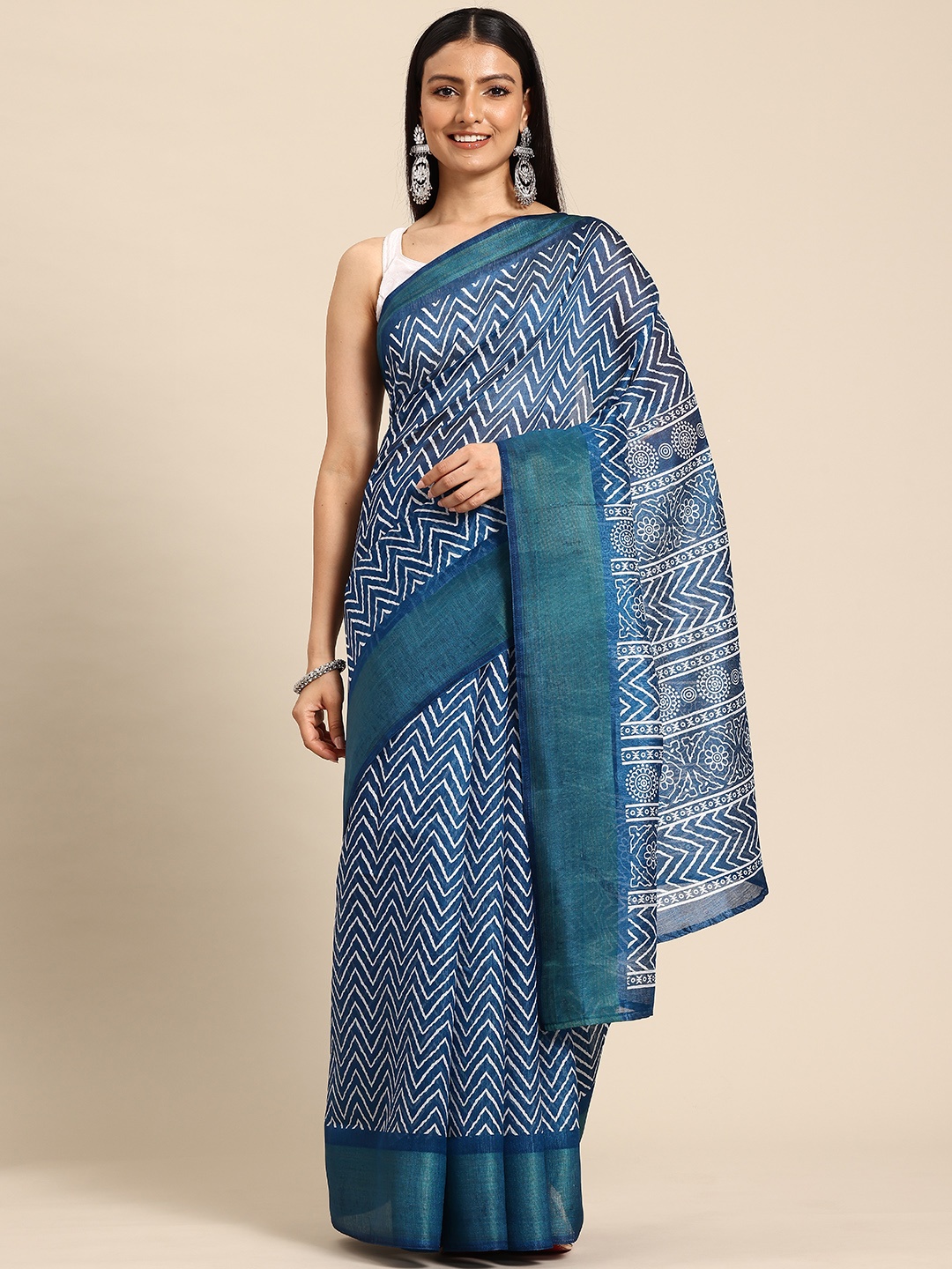 

HERE&NOW Geometric Printed Zari Saree, Blue
