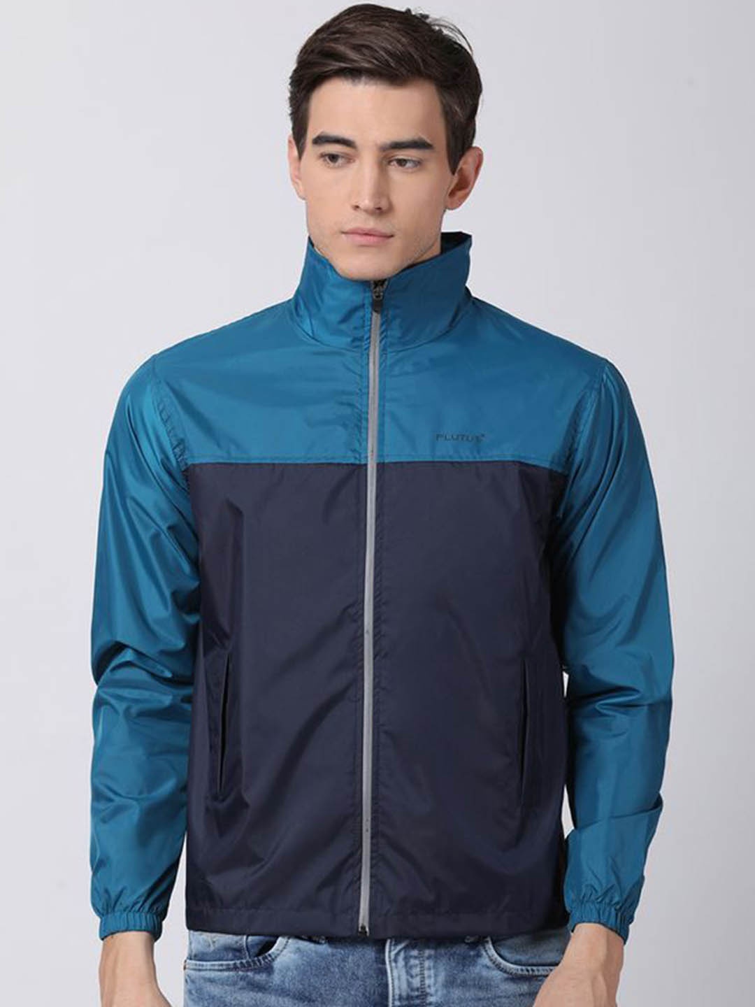 

Plutus Colourblocked Mock Collar Windcheater Sporty Jacket, Navy blue