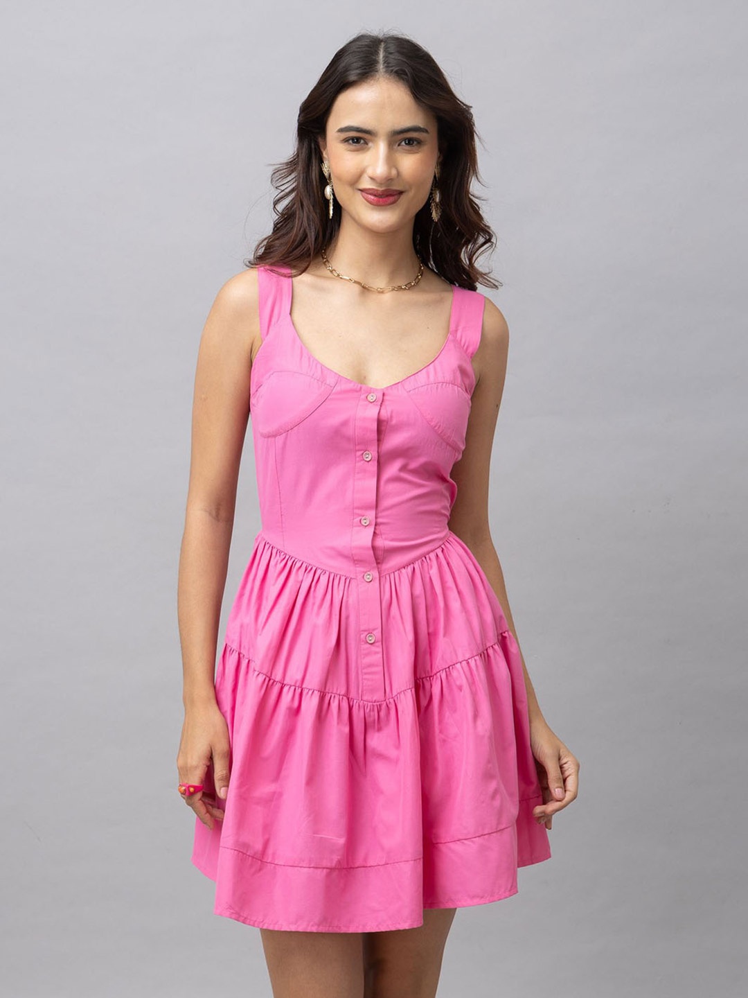 

HAUTEQUE Round Neck Sleeveless Cotton Tiered Fit & Flare Dress, Pink