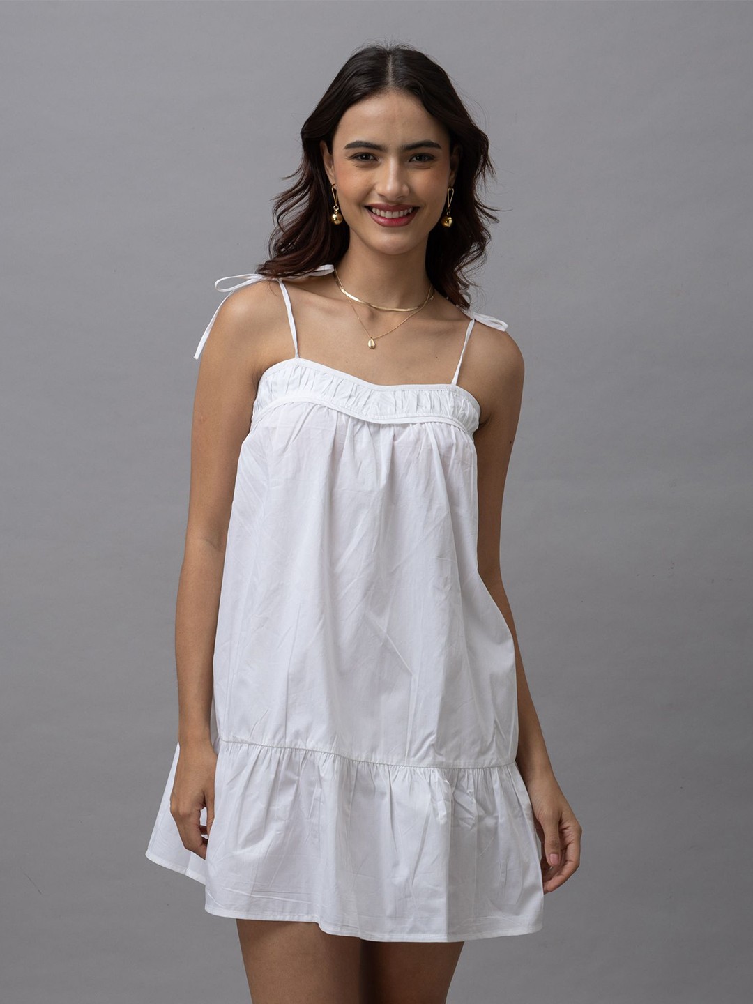 

HAUTEQUE Shoulder Straps Sleeveless Cotton Drop-Waist Mini Dress, White