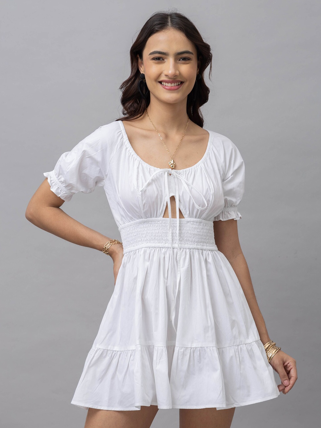 

HAUTEQUE Tie-Up Neck Cut-Out Smocked Detailed Cotton Fit & Flare Mini Dress, White