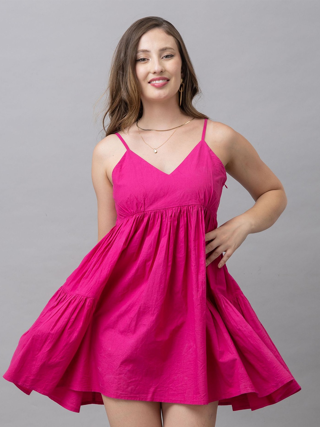 

HAUTEQUE Shoulder Straps Cotton Empire Mini Dress, Pink