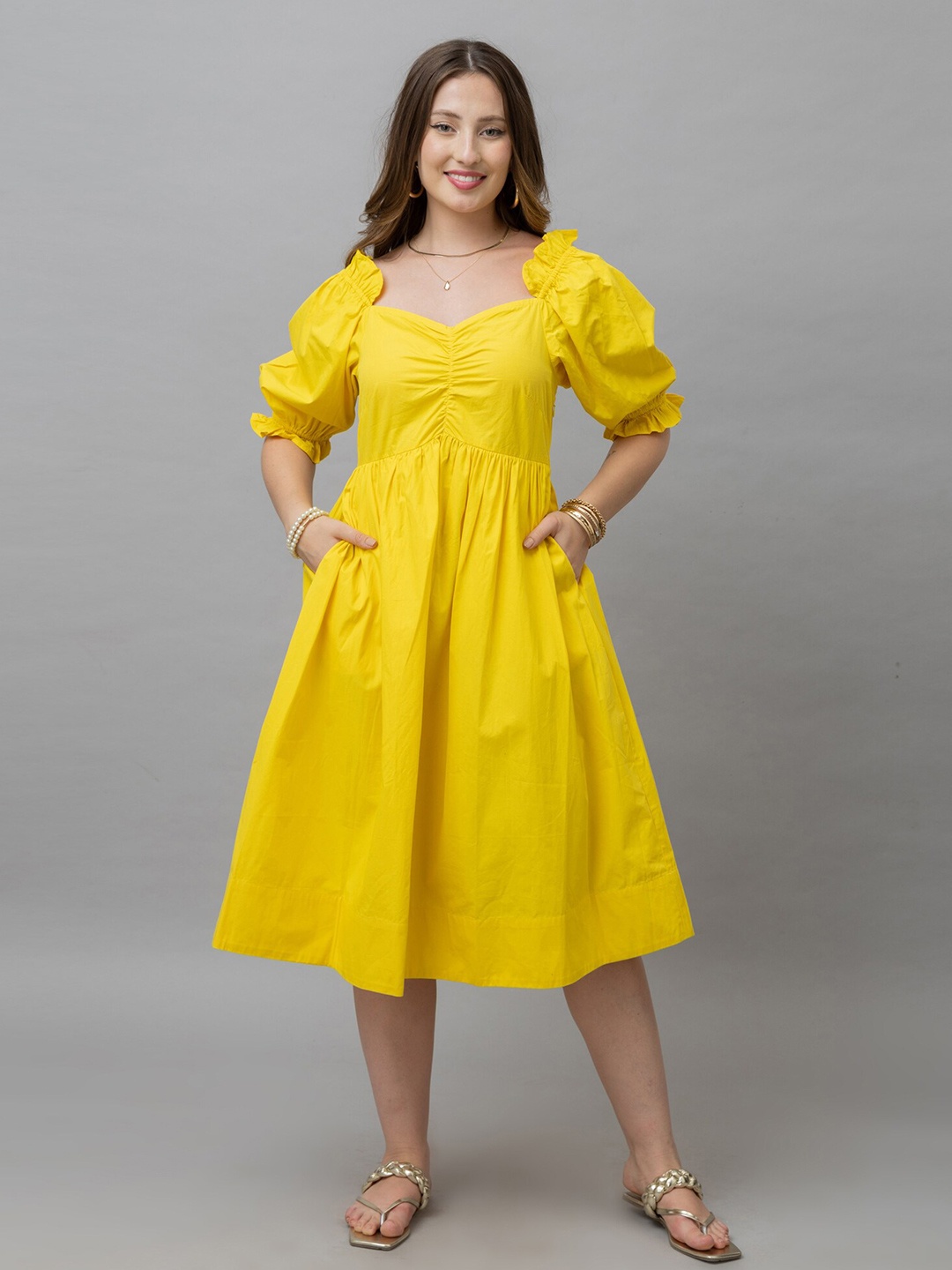 

HAUTEQUE Sweetheart Neck Cotton Fit and Flare Midi Dress, Yellow