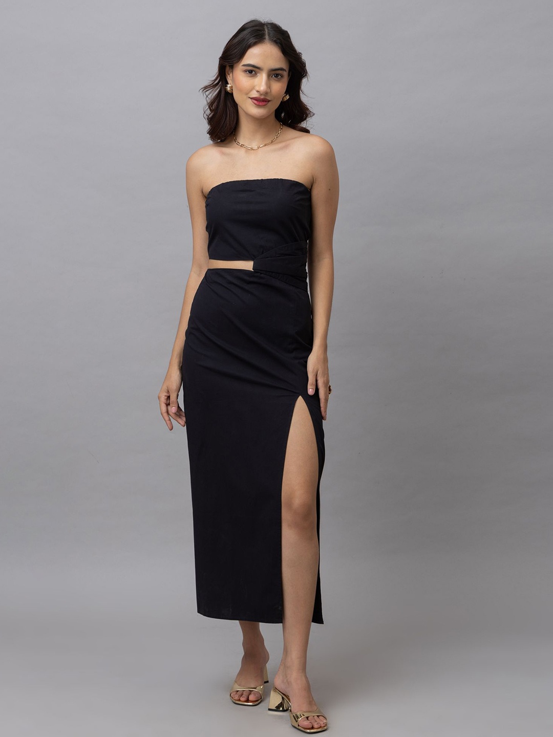 

HAUTEQUE Strapless Cut-Outs Detailed Cotton Sheath Midi Dress, Black