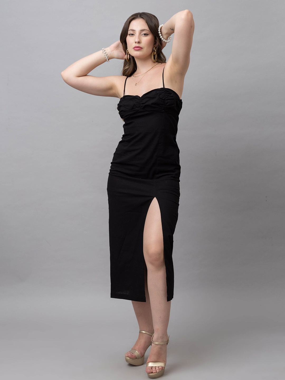 

HAUTEQUE Shoulder Straps Cotton Sheath Midi Dress, Black