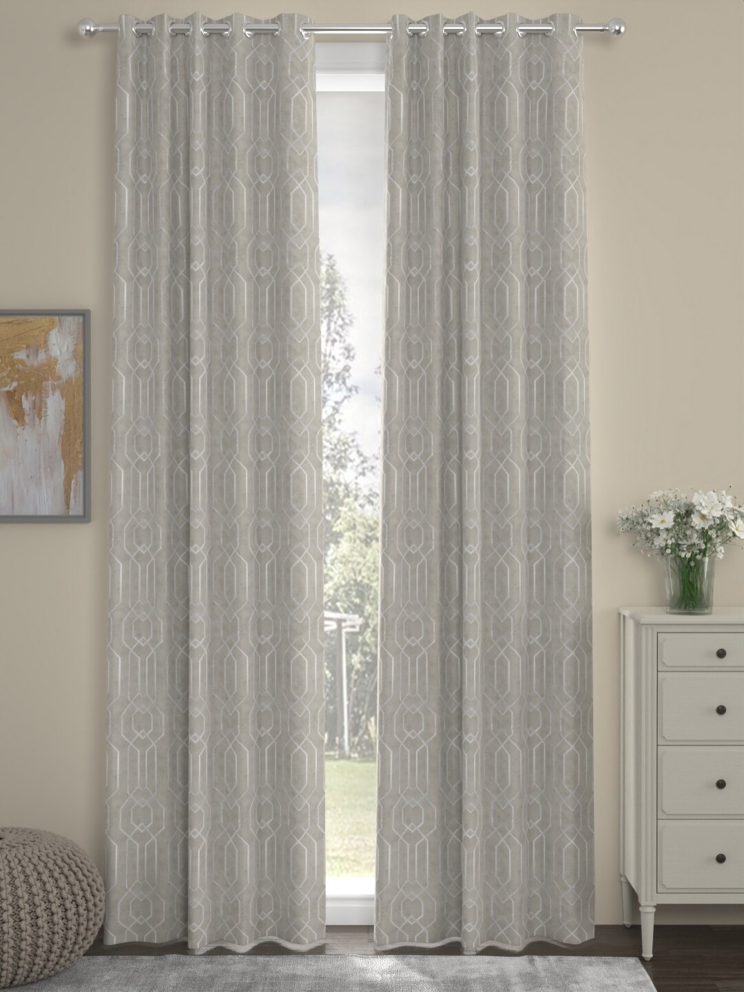 

ROSARA HOME Grey & White 2 Pieces Geometric Printed Velvet Door Curtains
