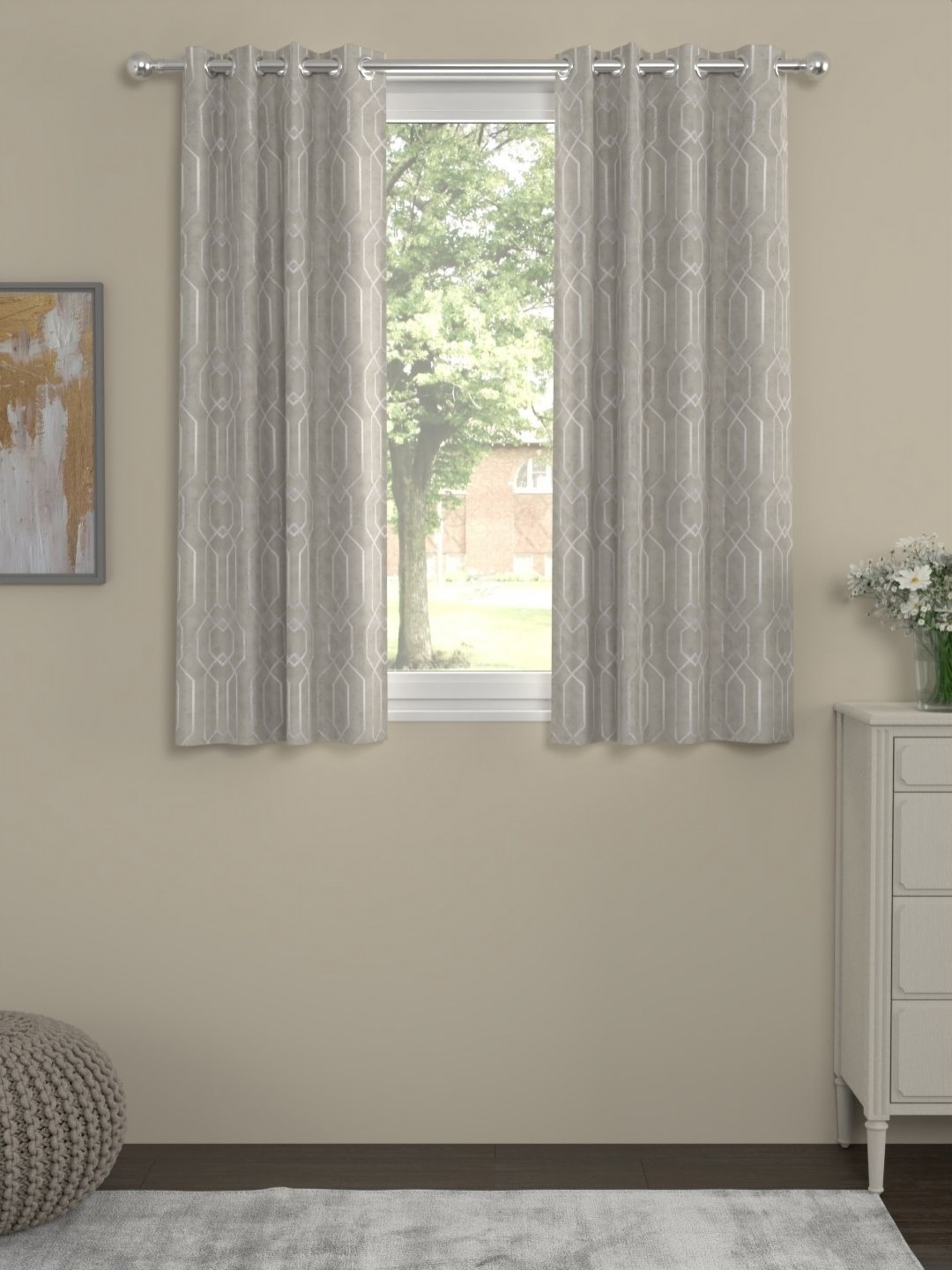 

ROSARA HOME Grey & White 2 Pieces Geometric Printed Velvet Window Curtains