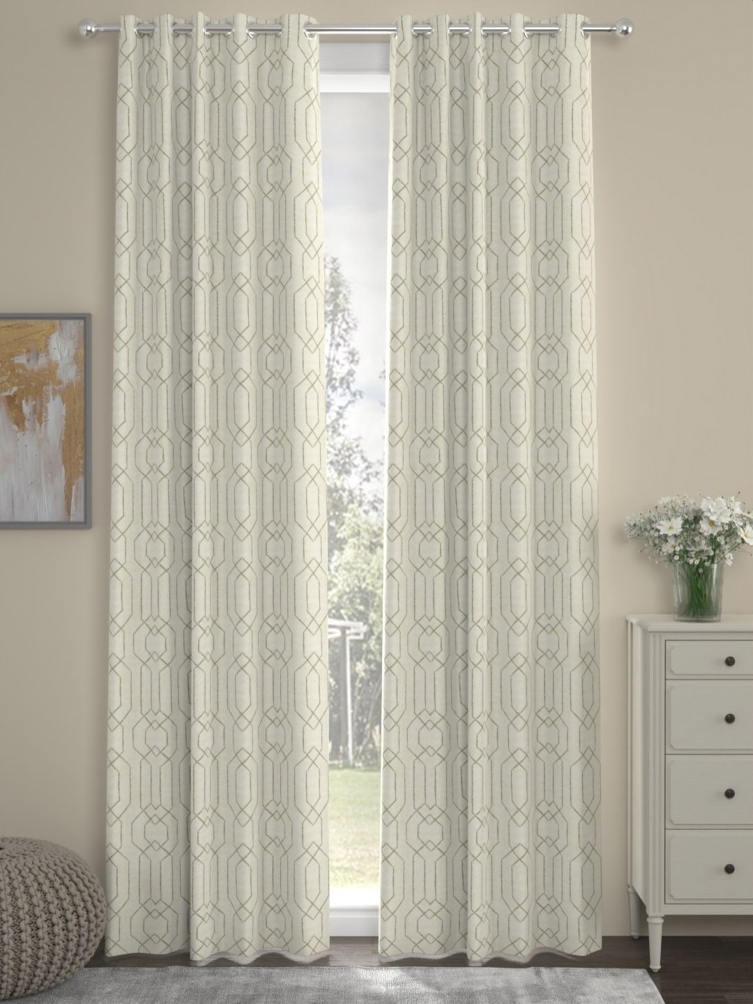 

ROSARA HOME Off White & Grey 2 Pieces Geometric Printed Velvet Long Door Curtains