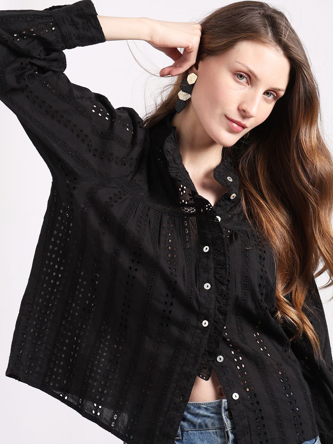 

Vero Moda Self Design Textured Puff Sleeves Cotton Casual Shirt, Black