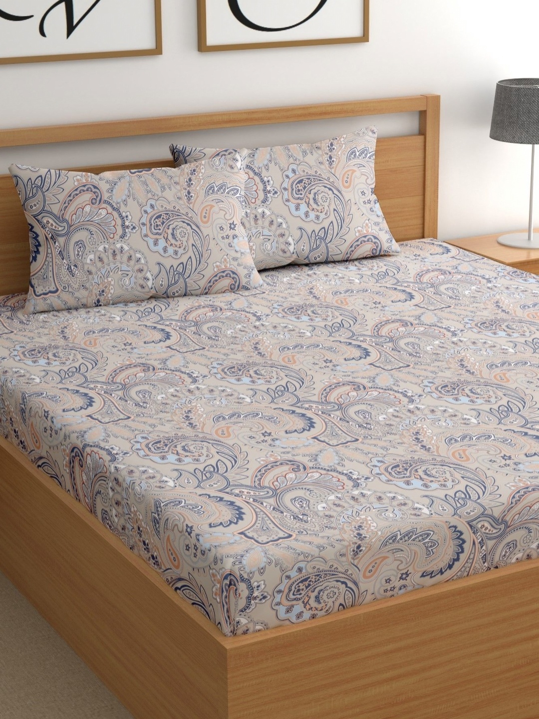 

CHHAVI INDIA Brown & Blue Ethnic Motifs 210 TC King Bedsheet with 2 Pillow Covers