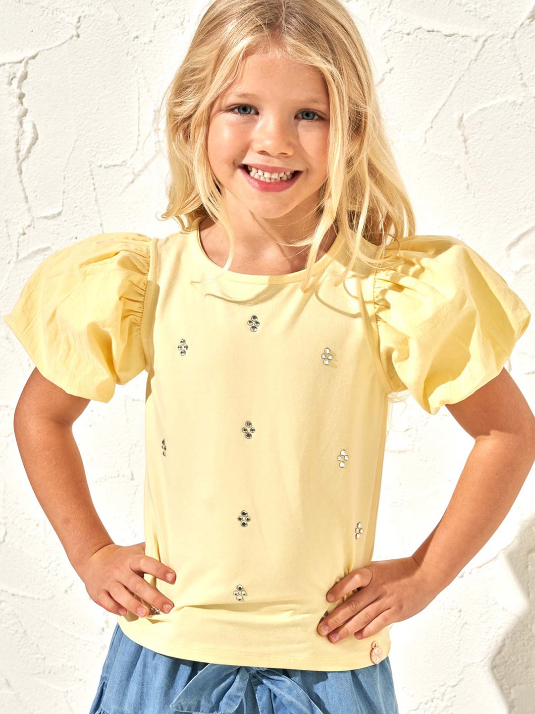 

Angel & Rocket Round Neck Puff Sleeve Cotton Top, Yellow