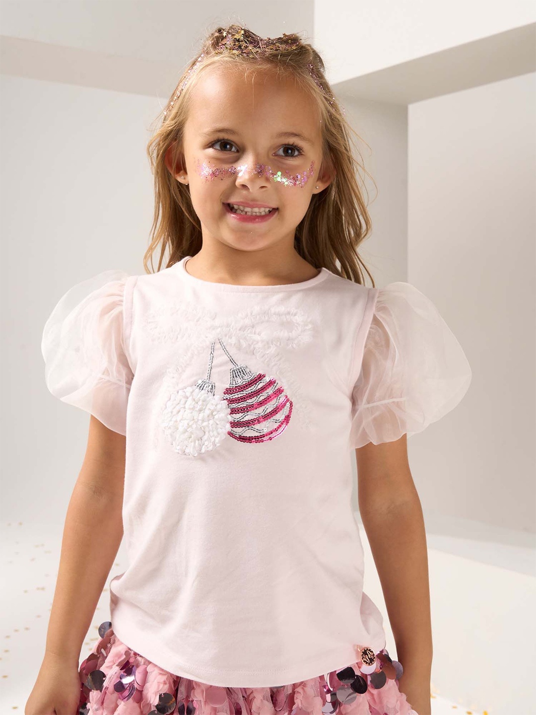 

Angel & Rocket Print Puff Sleeve Cotton Top, Pink