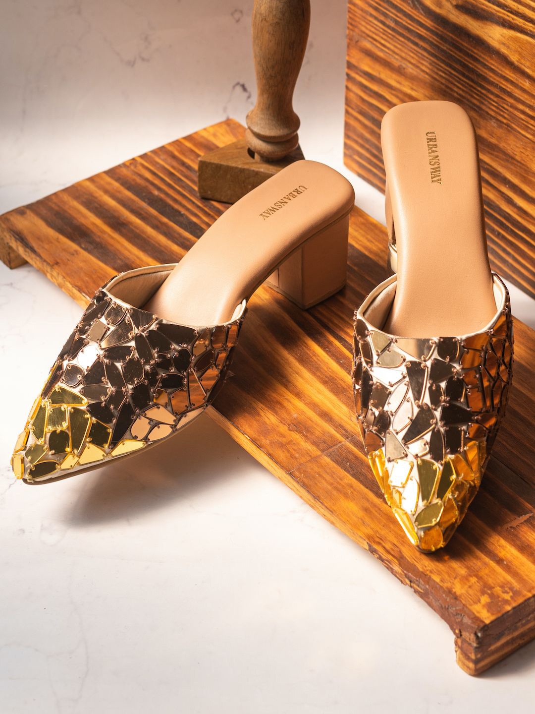

UrbanSway Embellished Pointed Toe Block Heeled Mules, Gold