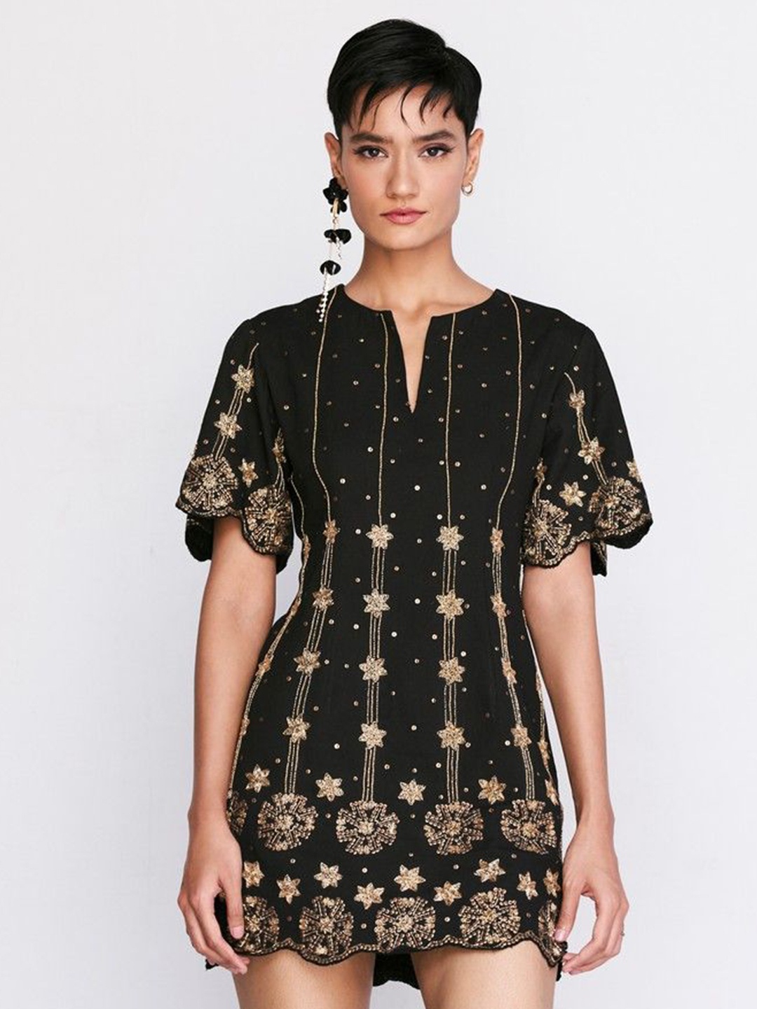 

VERB BY PALLAVI SINGHEE Embellished Notch Neck A-Line Mini Dress, Black