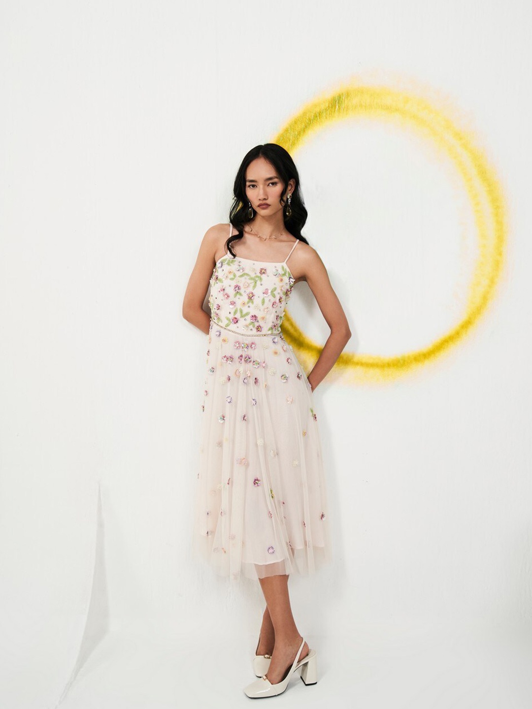 

VERB BY PALLAVI SINGHEE Women Floral Embellished A-Line Midi Dress, White