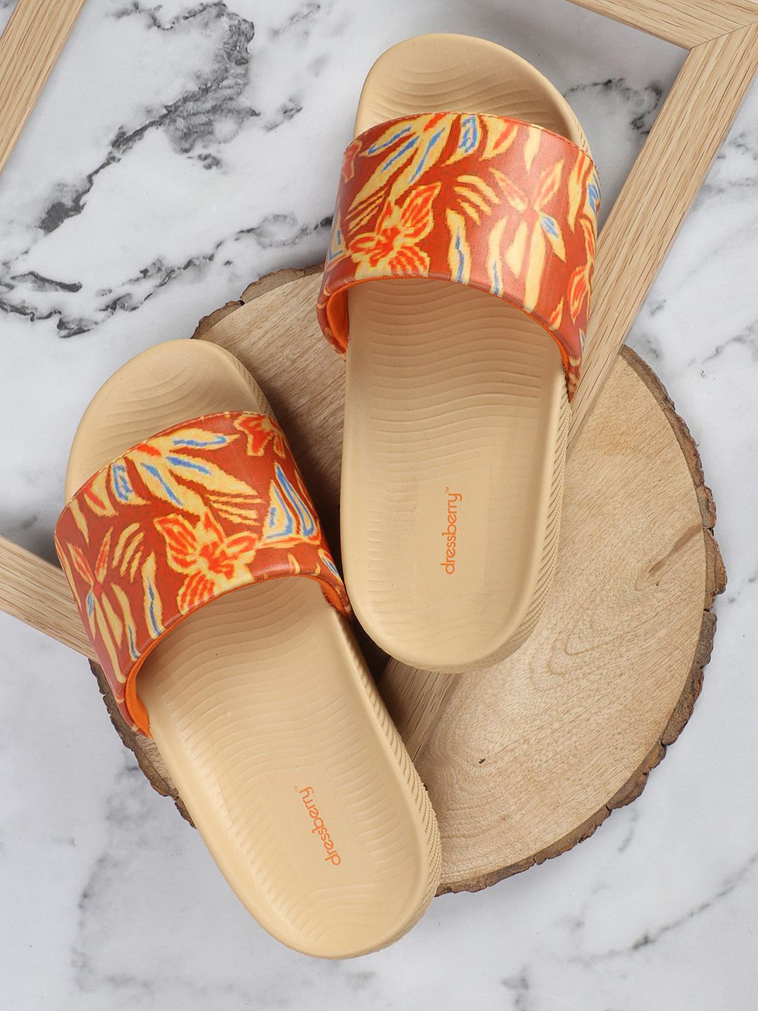 

DressBerry Women Orange-Coloured Printed Sliders