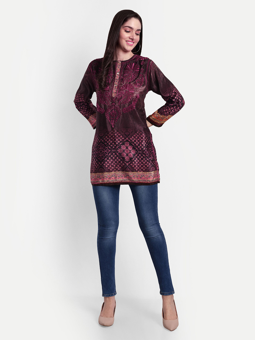 

Indiankala4u Floral Embroidered Round Neck Top, Maroon