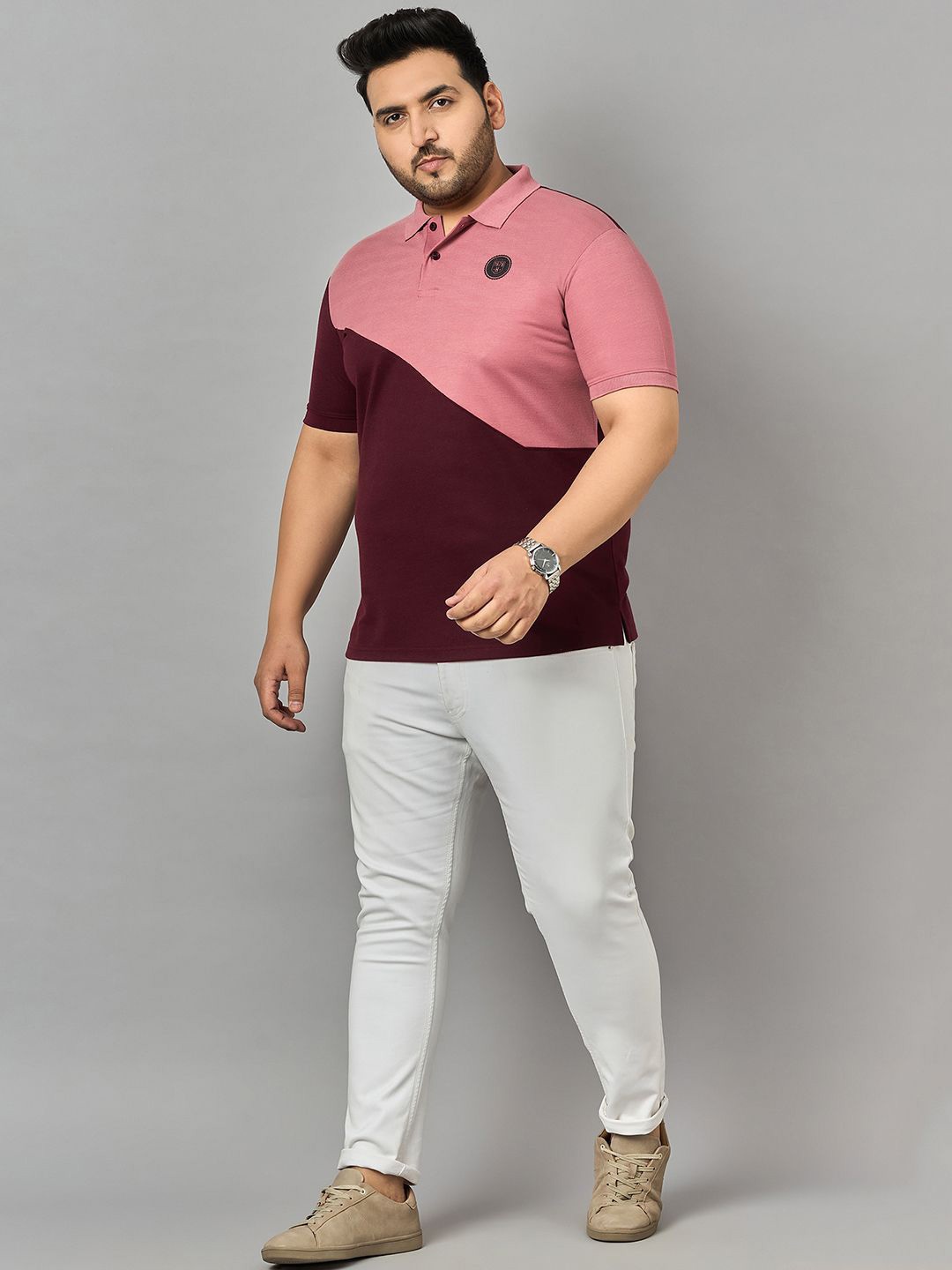 

Zigo Men Colourblocked Plus Size Polo T-shirt, Peach