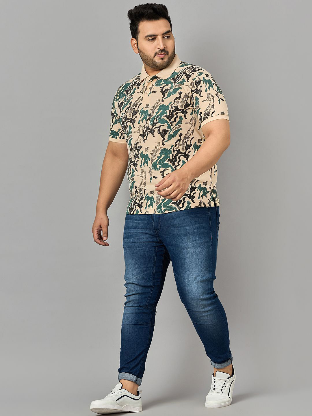 

Zigo Men Abstract Printed Plus Size Polo T-shirt, Beige