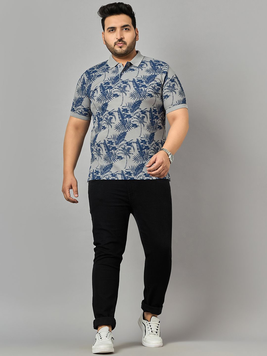 

Zigo Men Tropical Printed Plus Size Polo T-shirt, Grey