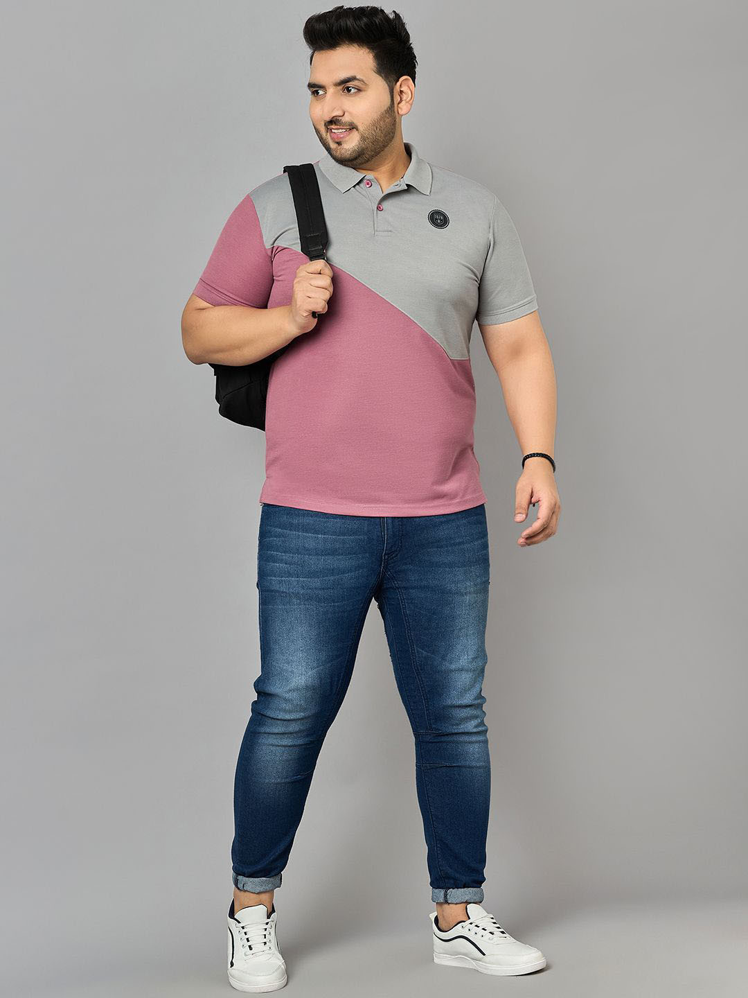 

Zigo Plus Size Colourblocked Polo Collar Short Sleeves T-shirt, Peach