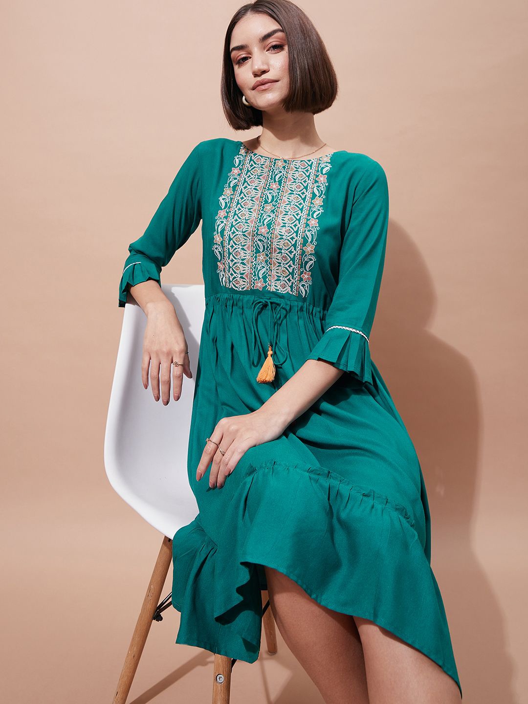 

DressBerry Women Floral Embroidered Bell Sleeves Tiered Fit and Flare Dress, Teal