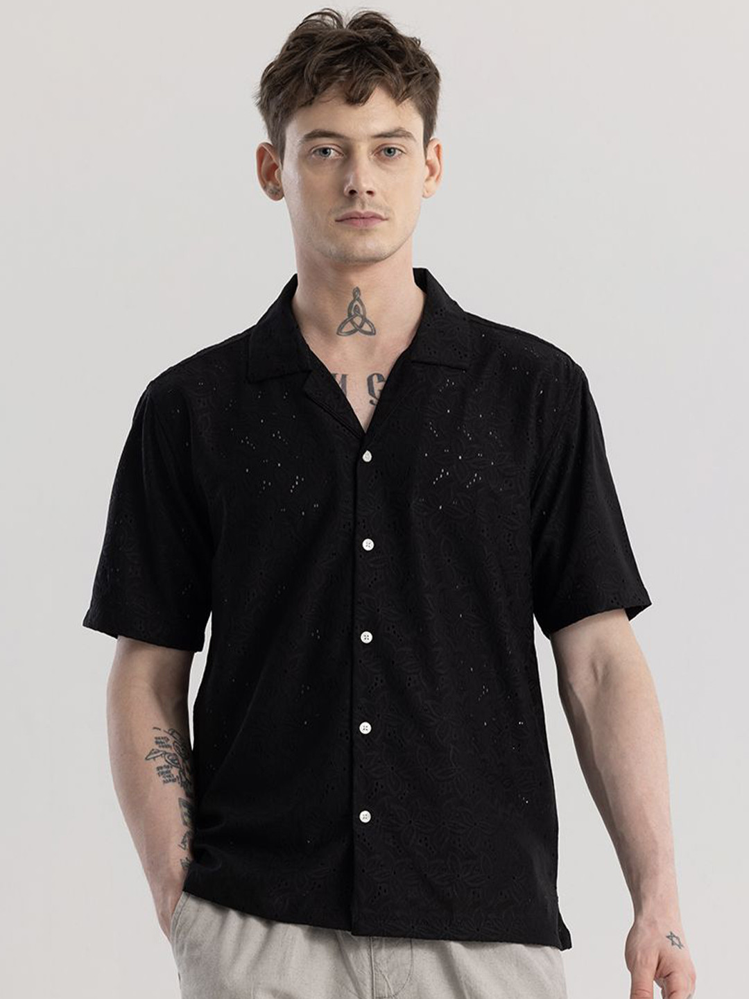 

Snitch Black Self Design Cuban Collar Classic Boxy Oversized Casual Shirt