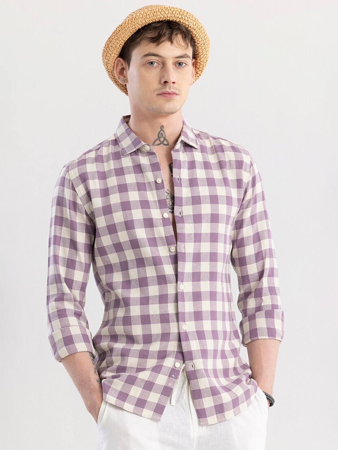 

Snitch Classic Lavender Slim Fit Spread Collar Gingham Checks Checked Cotton Casual Shirt