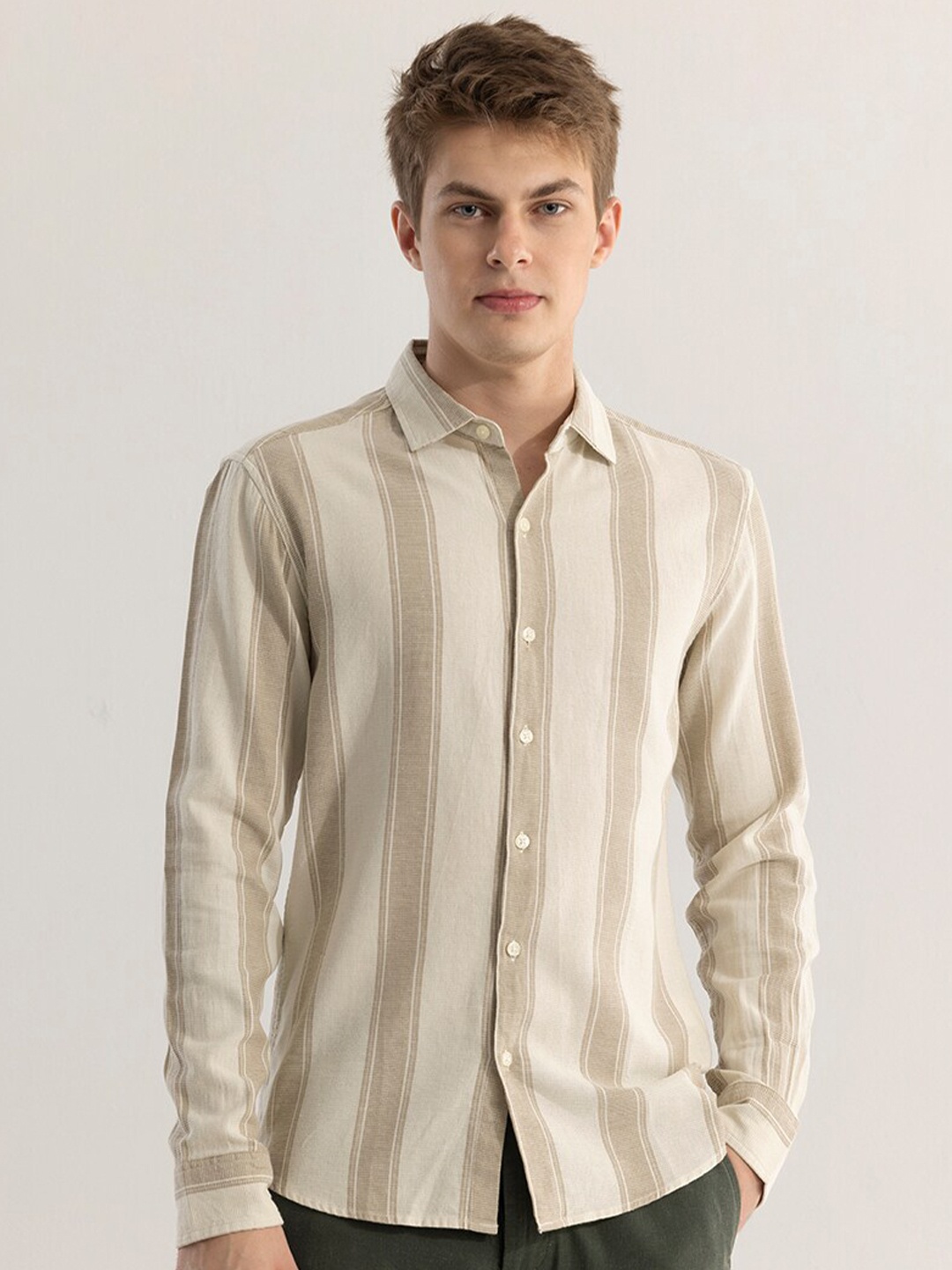 

Snitch Beige & Off White Striped Classic Slim Fit Cotton Casual Shirt