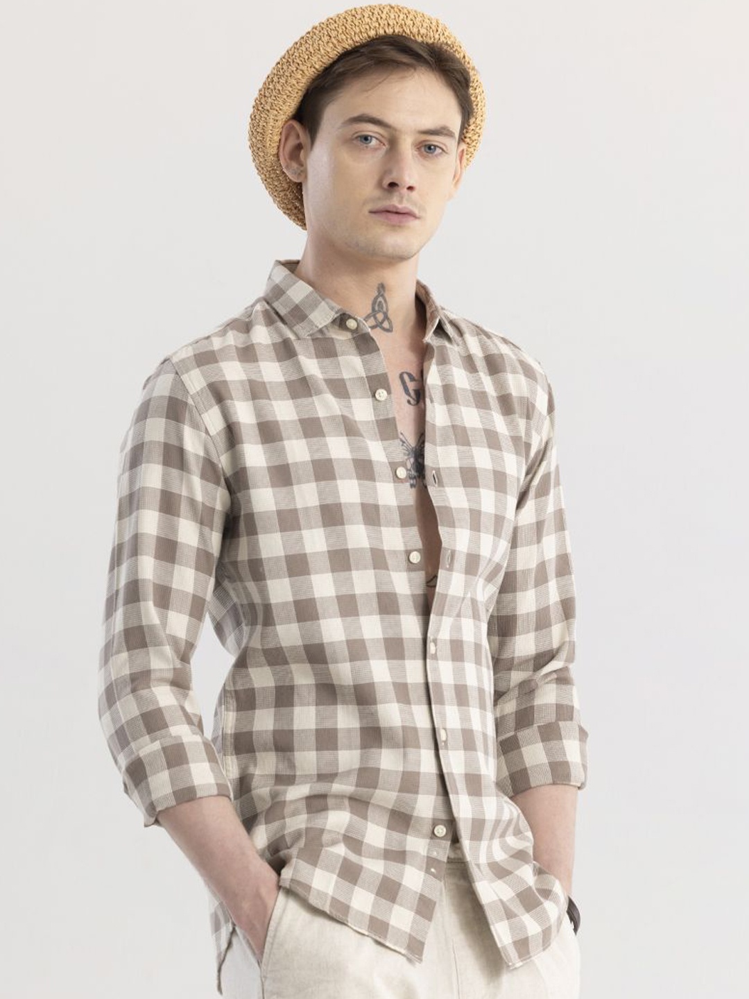 

Snitch Brown & White Checked Classic Slim Fit Cotton Casual Shirt