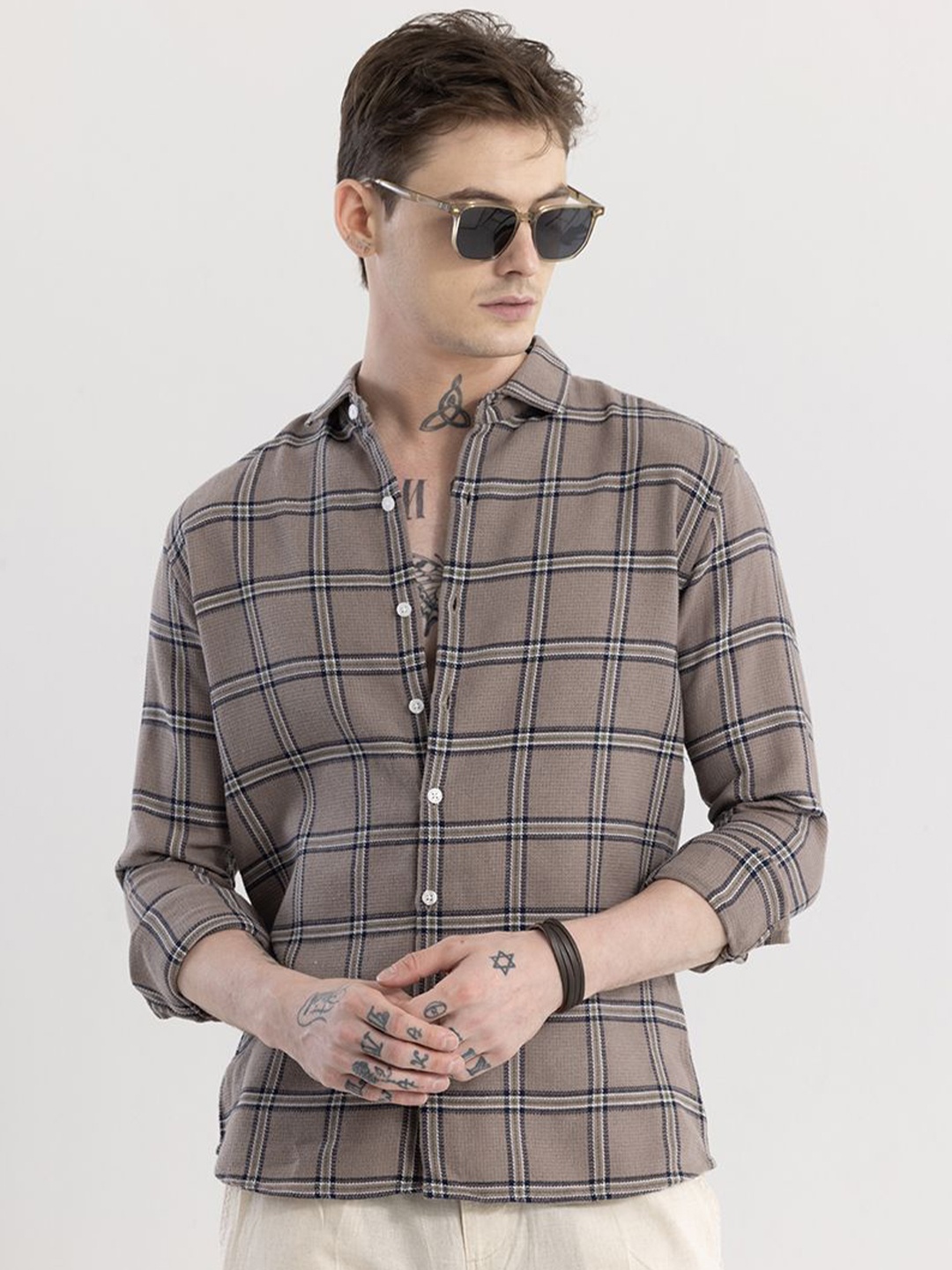 

Snitch Brown & Black Tartan Checked Classic Slim Fit Cotton Casual Shirt