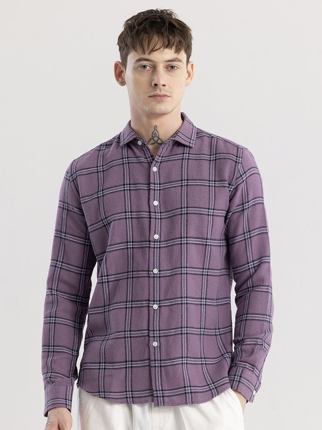 

Snitch Purple & Grey Tartan Checks Checked Classic Slim Fit Cotton Casual Shirt