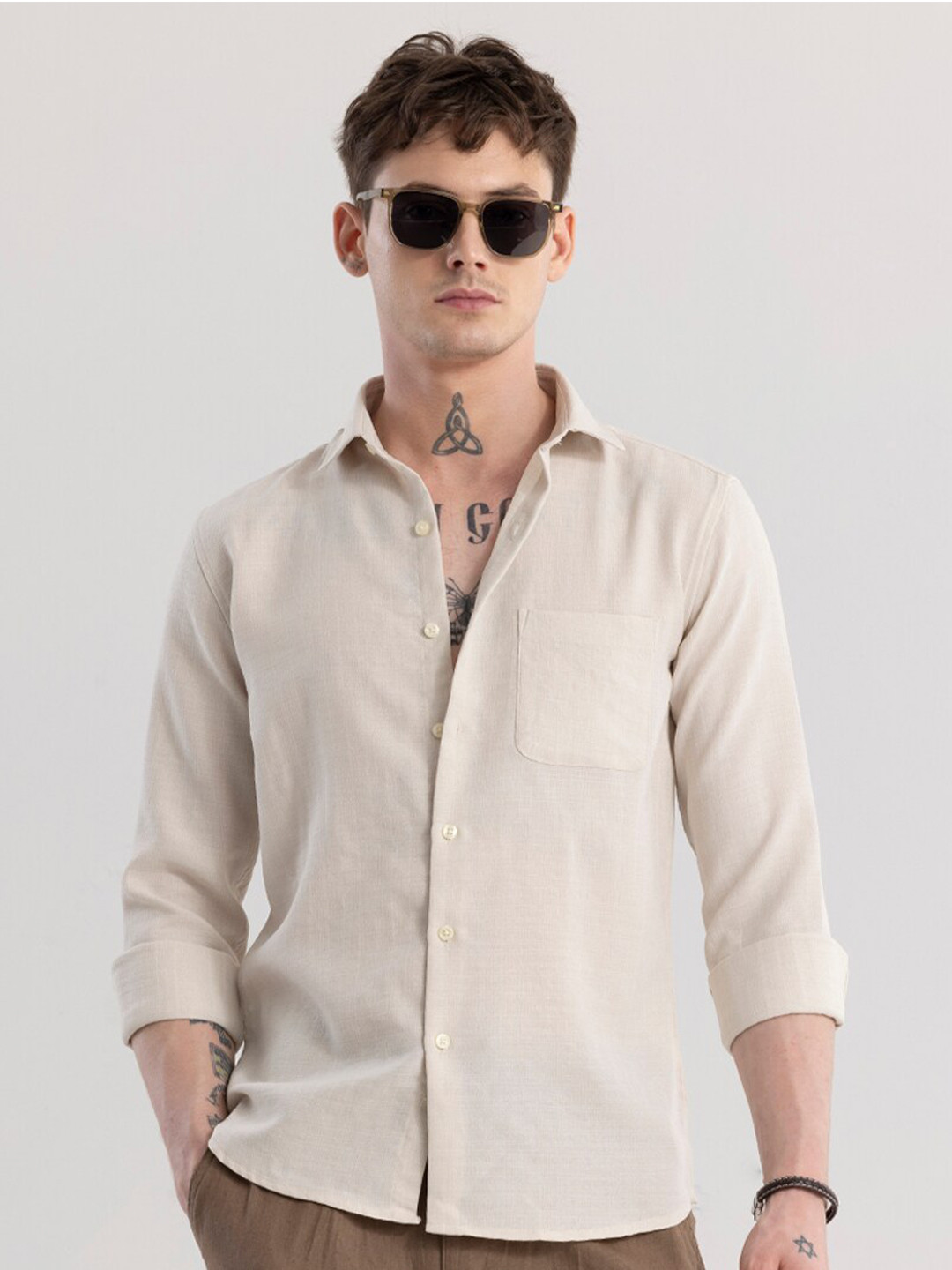 

Snitch Beige Spread Collar Classic Slim Fit Cotton Casual Shirt