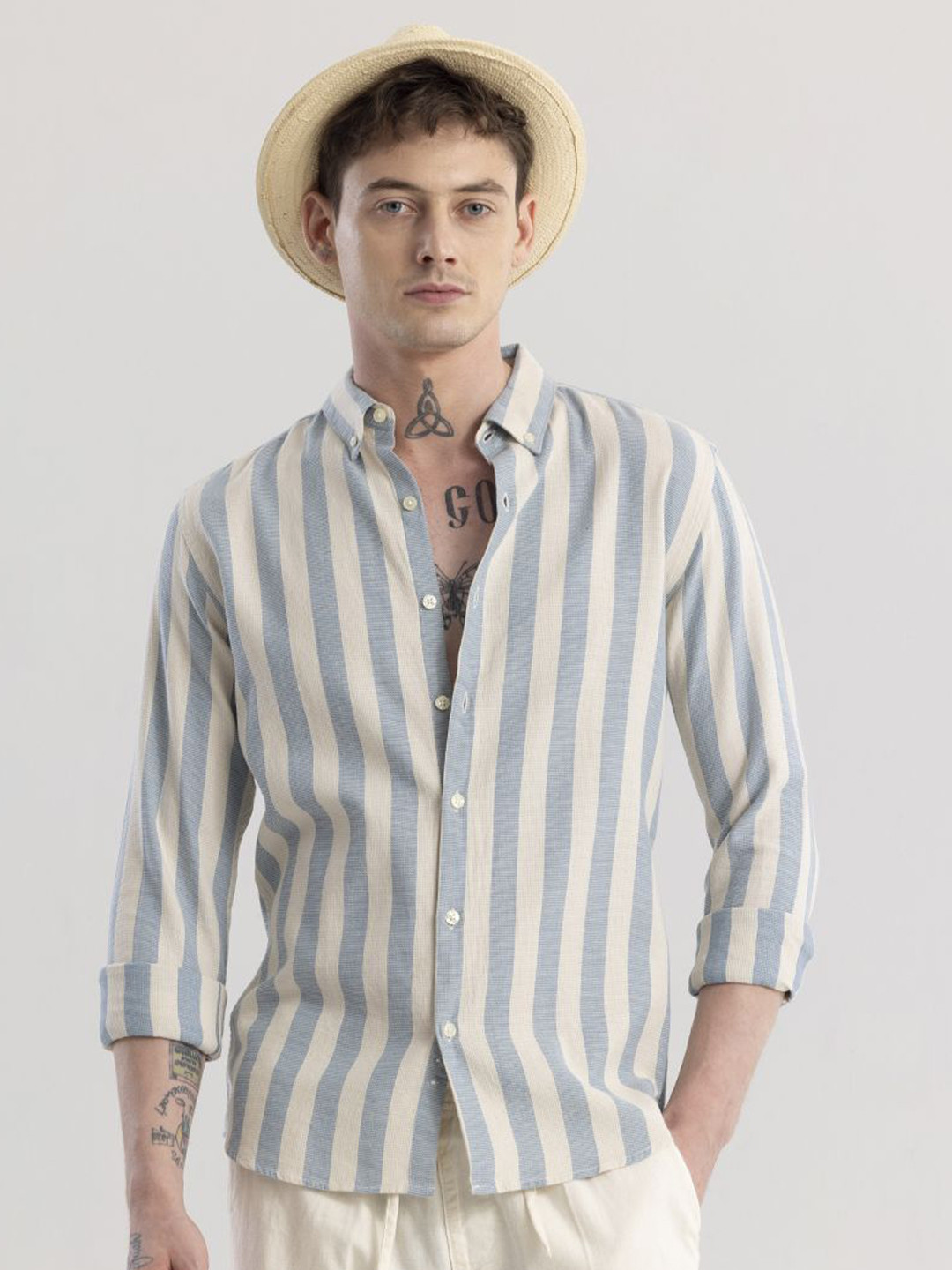 

Snitch Blue & White Striped Classic Slim Fit Cotton Casual Shirt