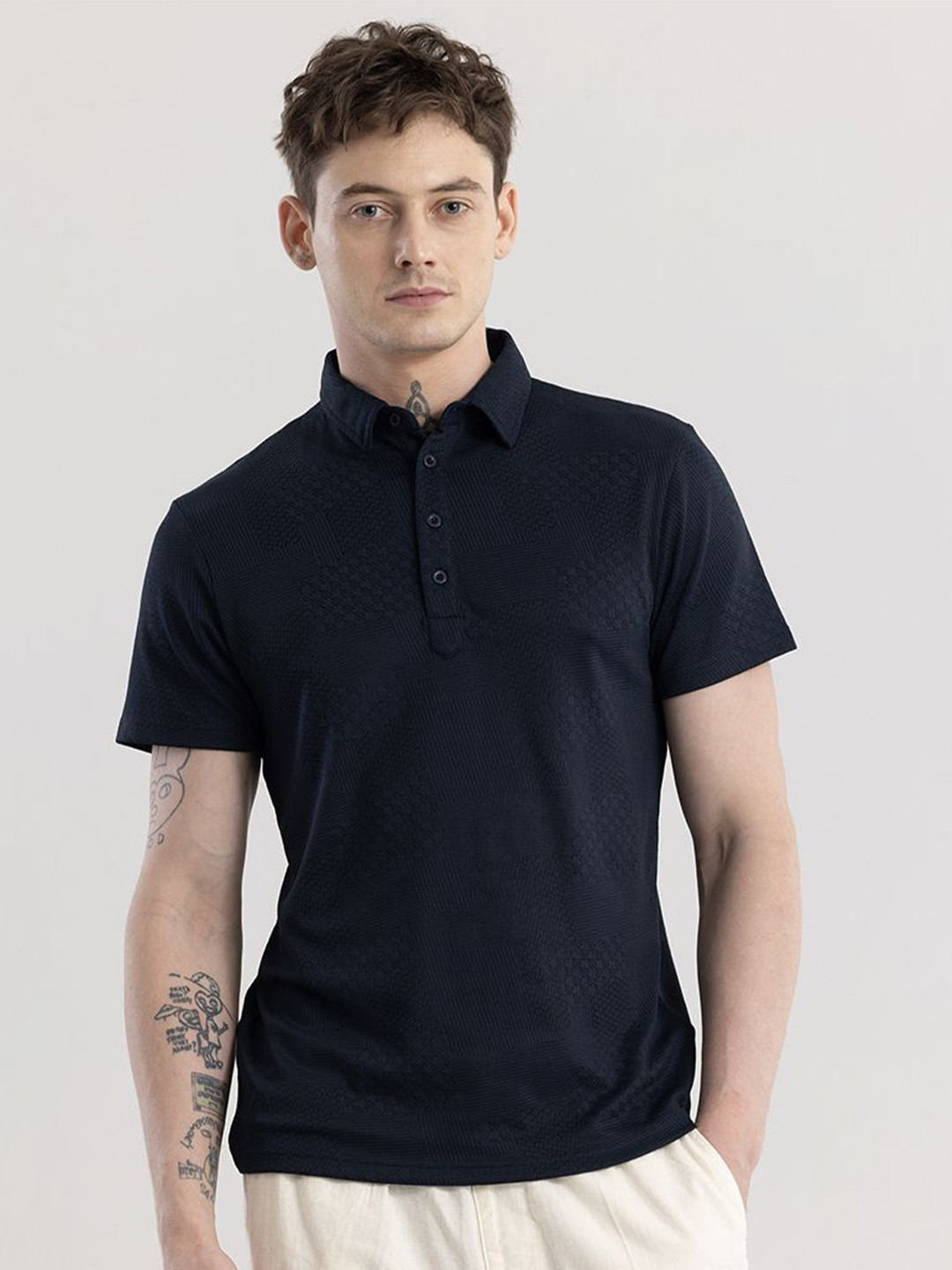 

Snitch Men Self Design Solid Polo Collar T-shirt, Navy blue