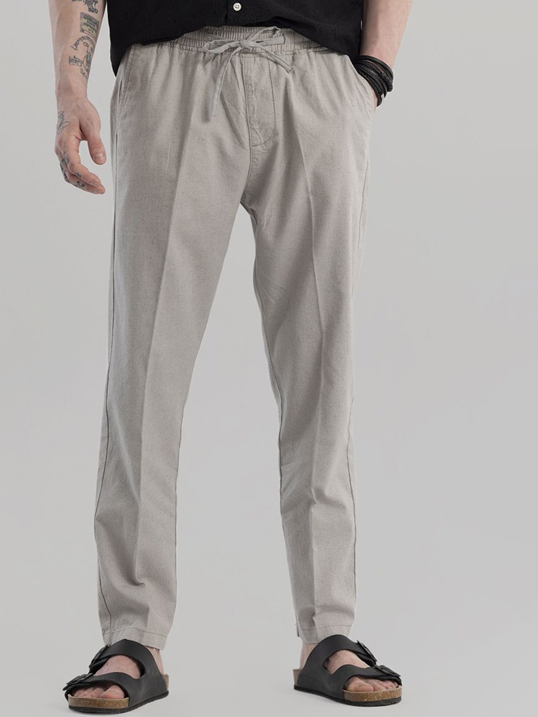 

Snitch Grey Classic Loose Fit Mid-Rise Cotton Trousers