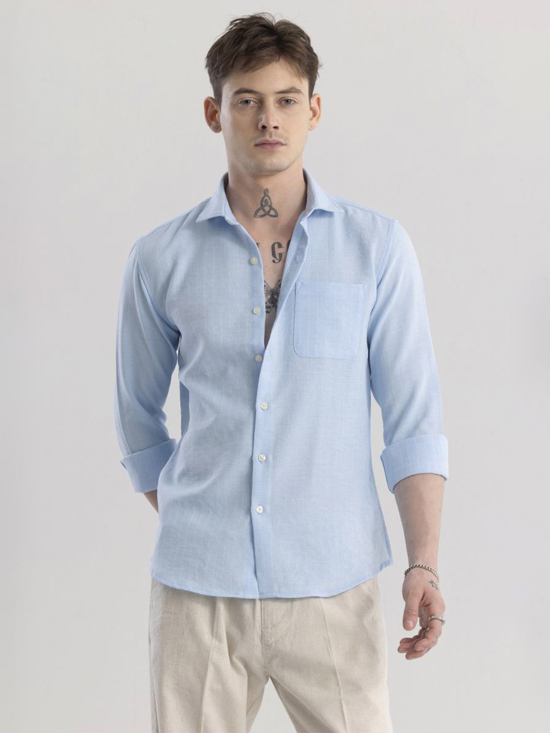 

Snitch Classic Blue Slim Fit Spread Collar Cotton Casual Shirt