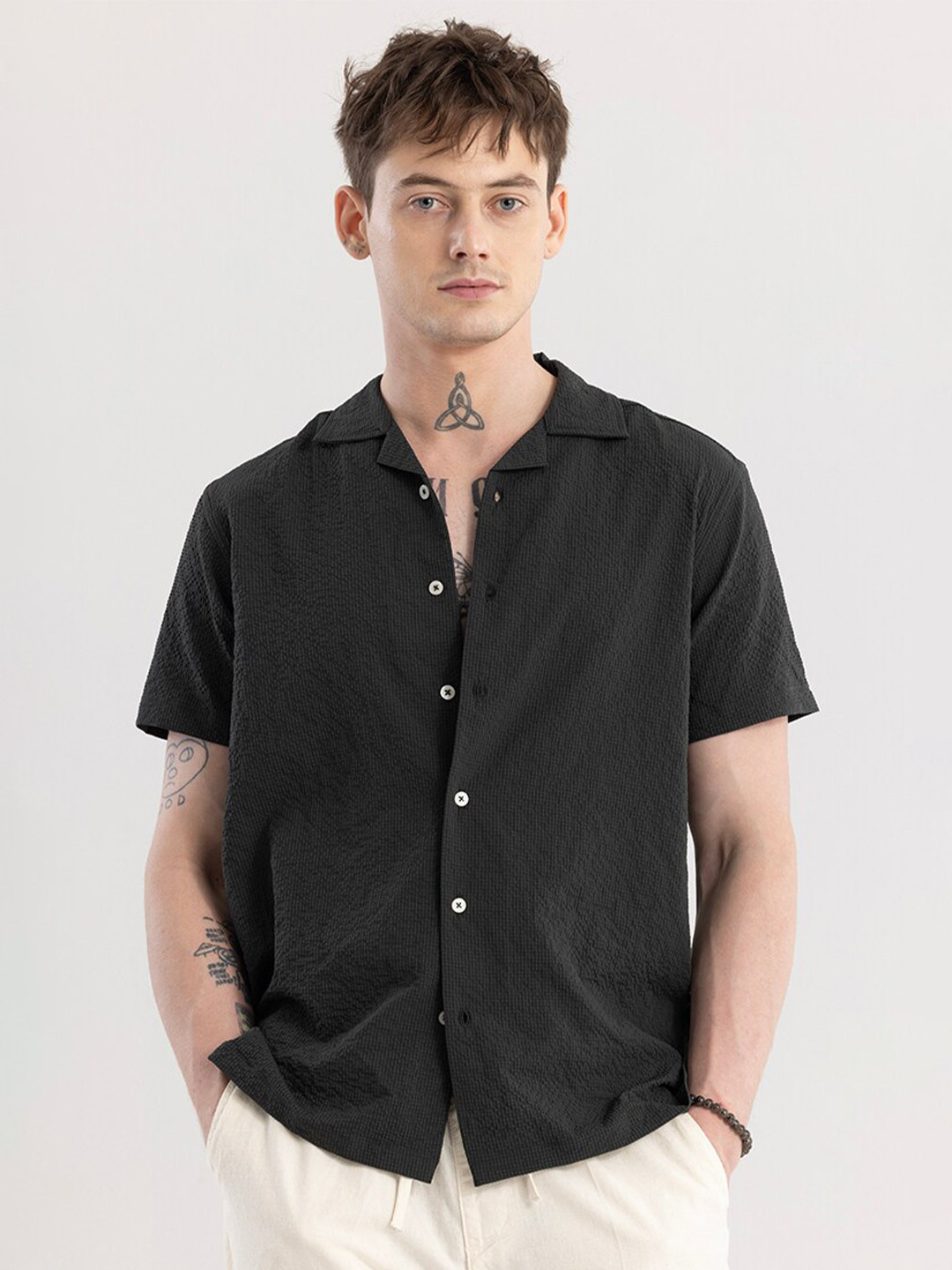 

Snitch Dark Green Textured Self Design Cuban Collar Classic Boxy Casual Shirt