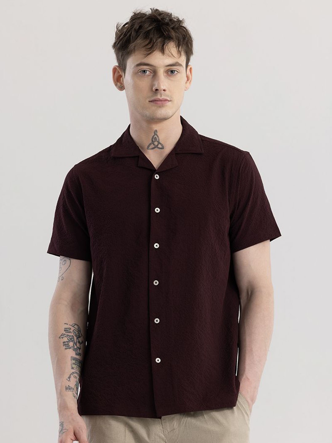 

Snitch Classic Burgundy Cuban Collar Boxy Casual Shirt