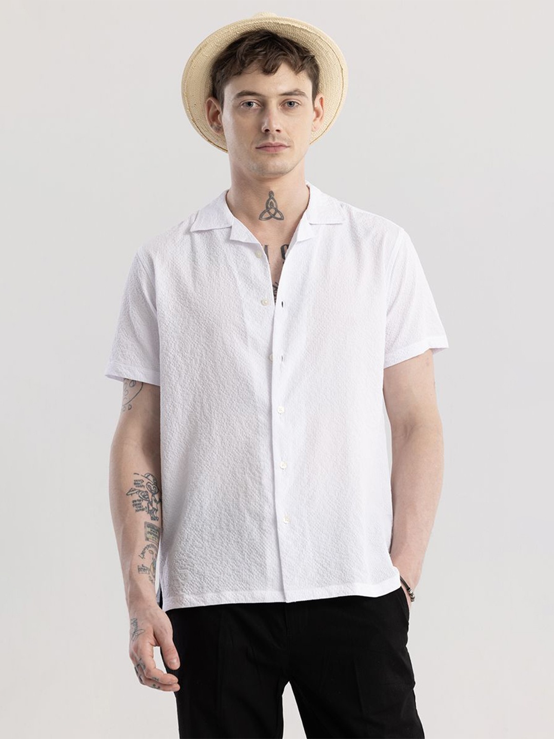 

Snitch White Textured Cuban Collar Classic Boxy Casual Shirt
