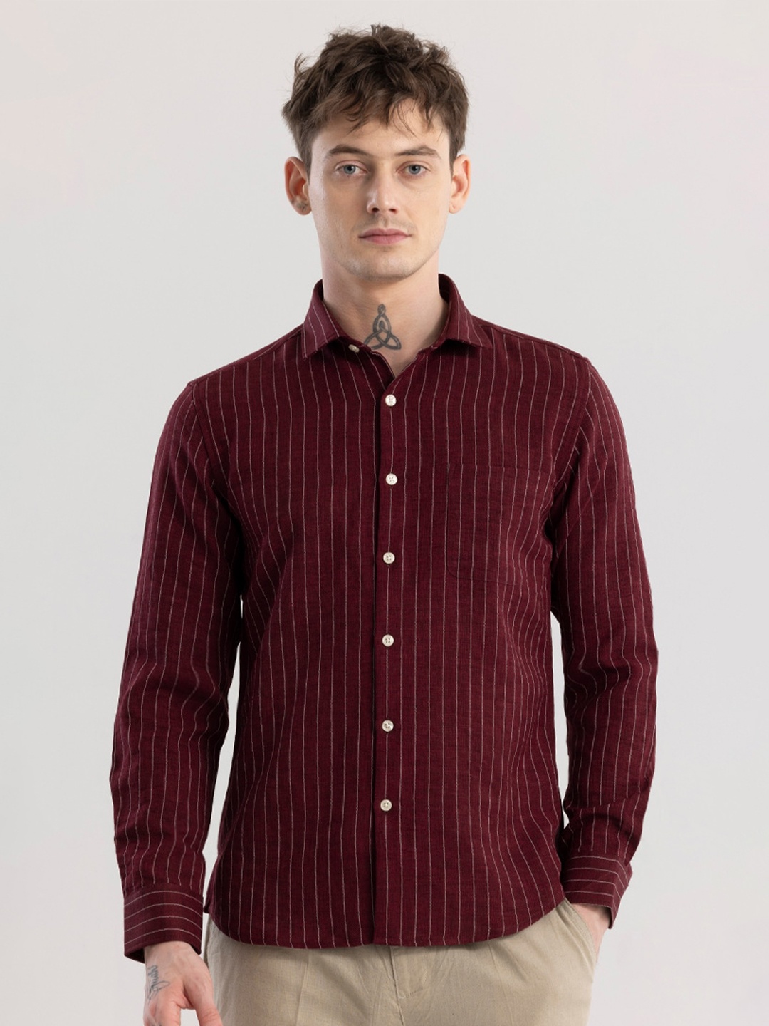 

Snitch Maroon & White Striped Classic Slim Fit Cotton Casual Shirt