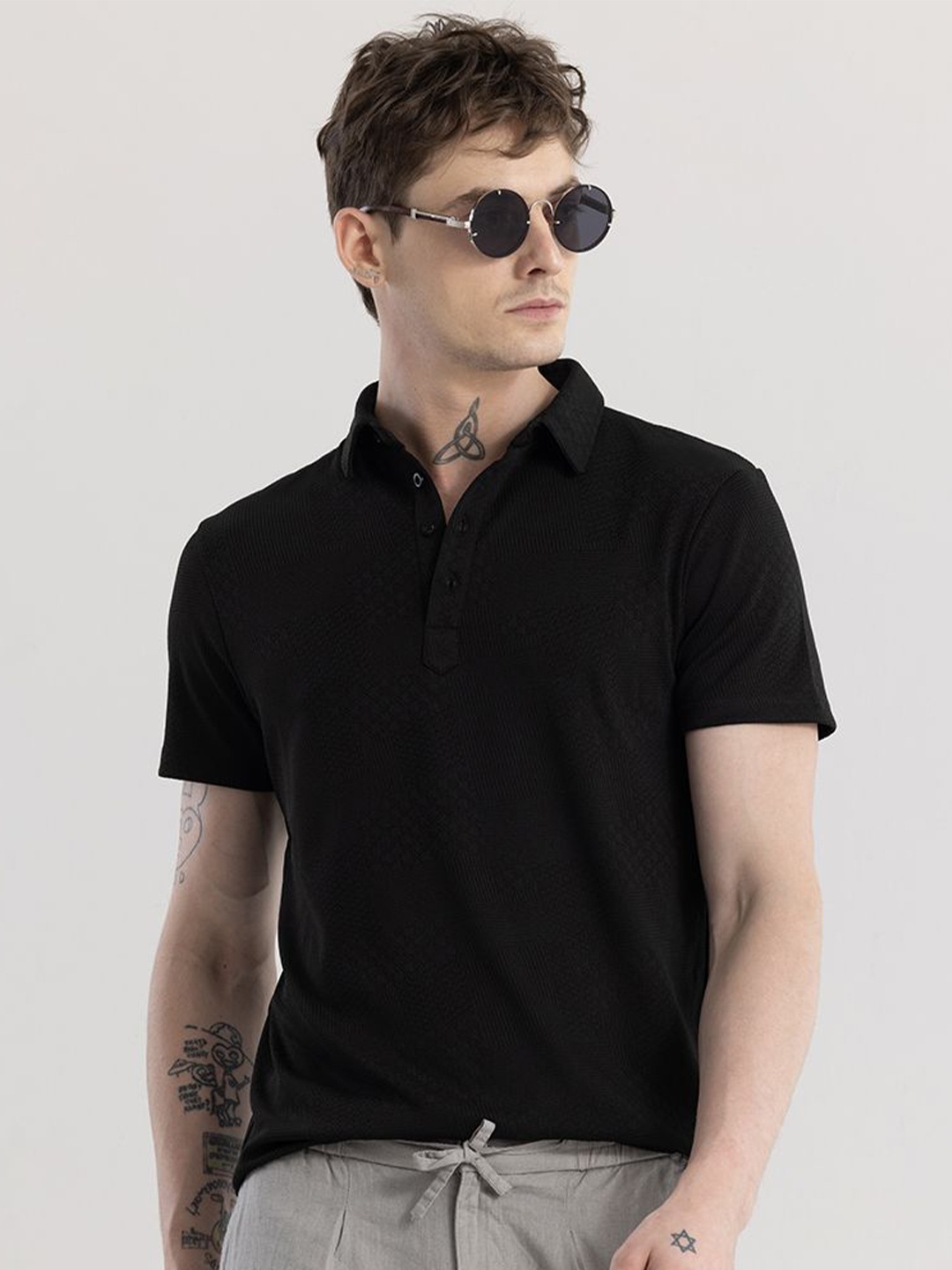

Snitch Men Self Design Solid Polo Collar T-shirt, Black