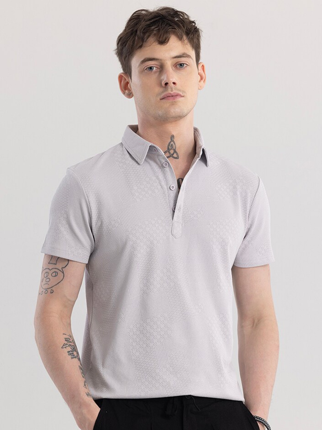 

Snitch Men Self Design Solid Polo Collar T-shirt, Grey