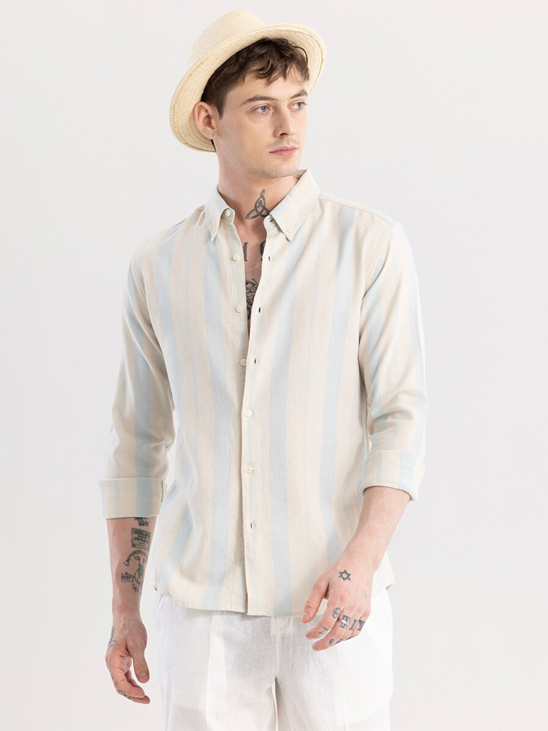 

Snitch Blue & Beige Striped Classic Slim Fit Cotton Casual Shirt