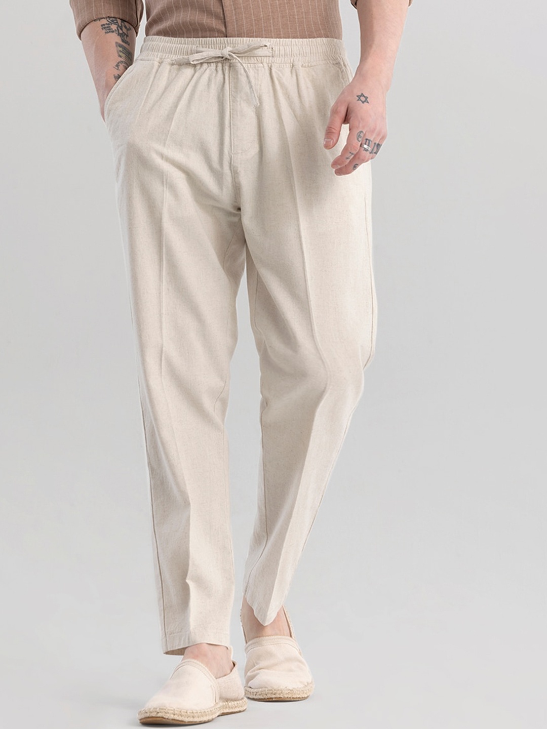 

Snitch Beige Classic Loose Fit Mid-Rise Cotton Trousers
