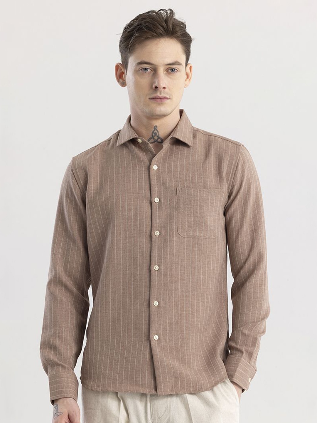 

Snitch Brown & White Striped Classic Slim Fit Cotton Casual Shirt
