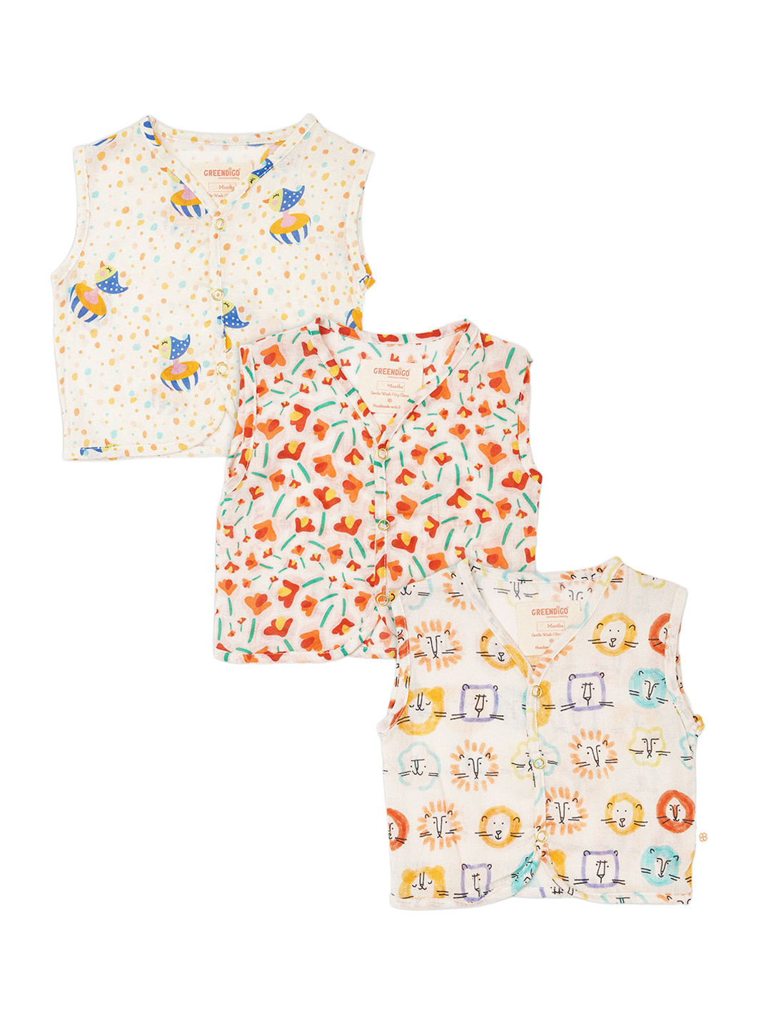 

GREENDIGO Infants Pack of 3 Printed Breathable Organic Cotton Jhablas Innerwear Vests, Cream