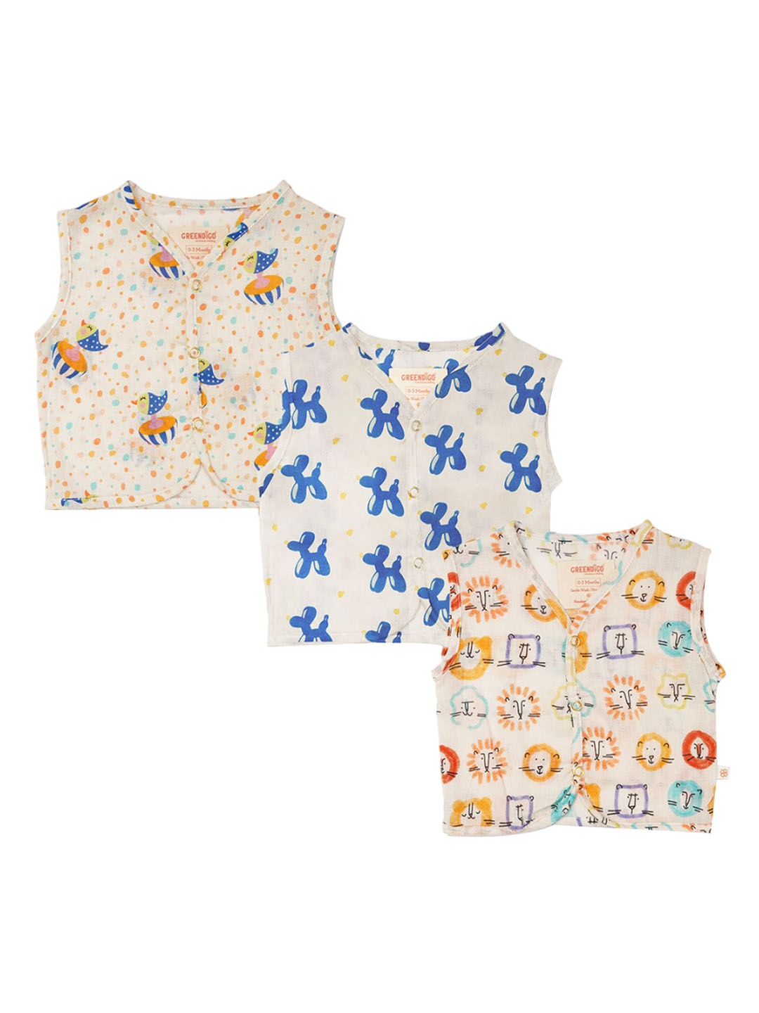 

GREENDIGO Infants Pack of 3 Printed Pure Cotton Jhablas, Cream