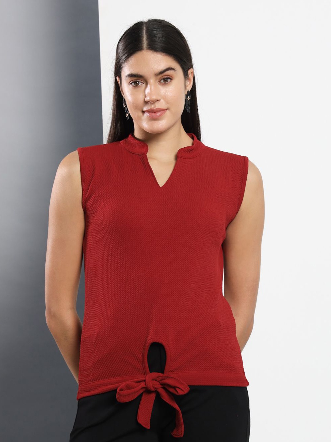 

Q-rious Mandarin Collar Tie-Ups Styled Top, Maroon