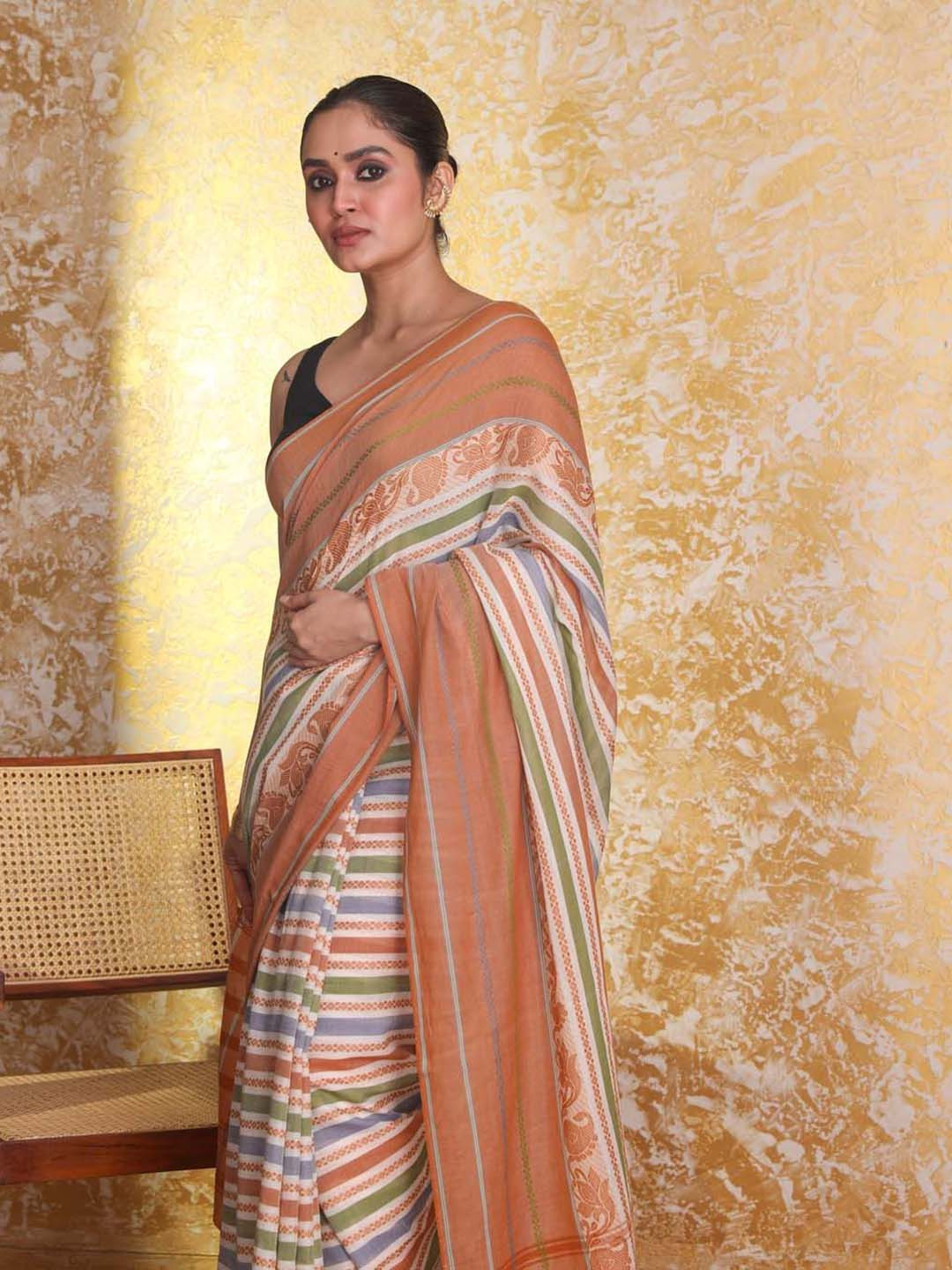 

Indethnic Striped Pure Cotton Taant Saree, Beige